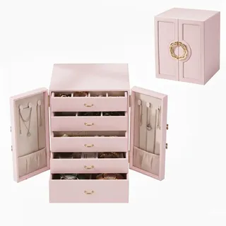 KIVEA Schmuckkasten für Damen, 5 Ebenen, Leder, Rosa, mit 4 herausnehmbaren Schubladen, Spiegel und Seitentüren, Organizer für Halsketten, Ringe, Uhren und Armbänder