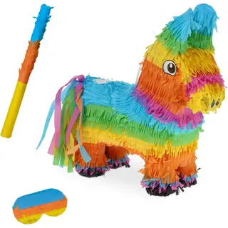 Relaxdays Pinata Esel mit Stab & Maske 38 x 35 x 12 cm Bunt