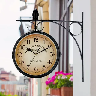 Bahnhofsuhr Doppelseitig, Vintage Retro Style Uhr, Bahnhofsuhr Wetterfest, Runde Hängenduhr für Garten, Schmiedeeisen Metall Wanduhren Aussen Stille Quarzuhr Wanduhr Outdoor Uhr Dekorative 33x31cm