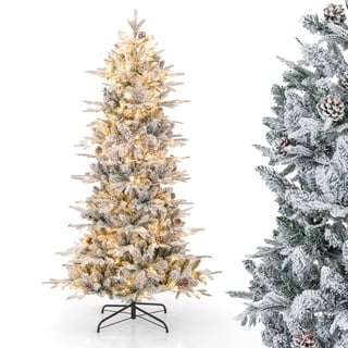 COSTWAY 180 cm Künstlicher Weihnachtsbaum mit Beleuchtung, 210 LEDs in Warmweiß, Tannenbaum mit Metallständer & 36 Tannenzapfen, Weihnachten Christbaum Kunstbaum schneebedeckt, Grün