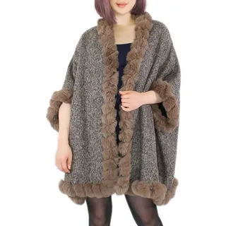dy_mode Poncho Damen Poncho mit Innenfutter und Kunstfell in Unifarben und Meliert mit Innenfutter braun