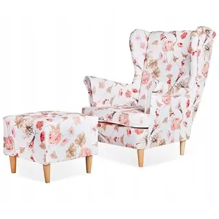 Family Meble Ohrensessel mit Hocker, Modell Print, Skandinavisch, Relaxsessel aus Webstoff, Loungesessel, Ohrensessel mit Hocker, Bequemer Sessel, Für Wohnzimmer, Esszimmer, Schlafzimmer, Blumen 4