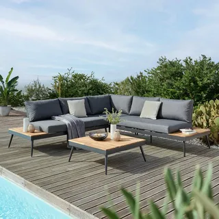 Ambia Garden Loungegarnitur, Grau, Akazie, Alu, Holz, Metall, Textil, 4-teilig, Akazie, Hartholz, Füllung: Polyurethan (Pur), 247x247 cm, gastro- und objekttauglich, Loungemöbel, Gartenlounge-Sets