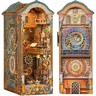 Tonecheer Book Nook Kit mit Staubschutz und LED-Licht, 3D Puzzle Buchstützen aus Holz, Kreative Buchstütze für Bibliothek, DIY Set Erwachsene Geschenkideen(Uhrenturm)