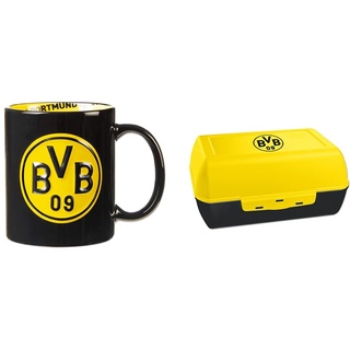 Borussia Dortmund BVB-Tasse mit Innendekor, Schwarz, Einheitsgröße (1er Pack) & BVB-Brotdose mit Logo (17x12x6cm), Schwarz/gelb