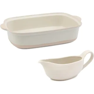 Jamie Oliver Big Love Epic Bräter-Set, Steingutbräter, Seitengriffe, 39 x 25 x 8 cm, weiße Steingut-Sauciere, mikrowellen-, spülmaschinen-, backofenfest, 23 x 8 x 10 cm, 400 ml