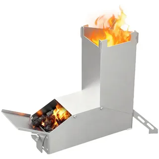 FIVMEN Feuerschale Camping Raketenofen für Dutch Oven Edelstahl Campingkocher, Rocket Stove Tragetasche Holzofen Mit Tasche Survival Stove silberfarben