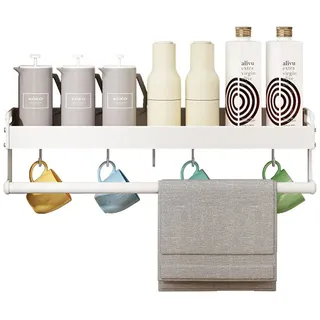 LANMOU Weiß Gewürzregal Wand, Wandmontage Küchenhalterung Ohne Bohren Gewürzregal Hängend Mit Haken und Stangen Gewürzregal für Küche Kühlschrank Organizer (50cm)