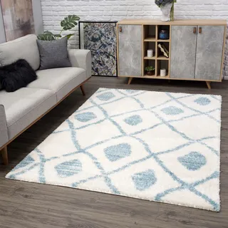 Carpet City Teppich Shaggy Hochflor - Ethno-Stil 80x150 cm Blau Creme - Moderne Wohnzimmer-Teppiche