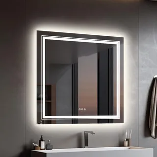 LUVODI Badezimmerspiegel Wandspiegel LED Badspiegel: 80x80 cm Badspiegel mit Hintergrundbeleuchtung Frontbeleuchtung, Smart kosmetikspiegel mit 3 Touchschalter Dimmbar Beschlagfrei