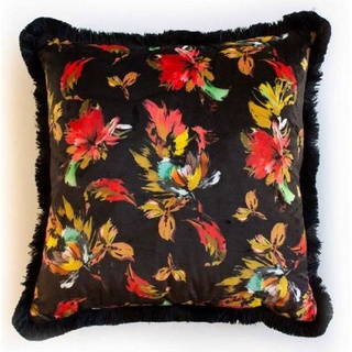 Casa Padrino Dekokissen »Luxus Deko Kissen Herbstblätter Design Schwarz / Mehrfarbig 45 x 45 cm - Bedrucktes Samt Kissen mit Fransen - Deko Accessoires«