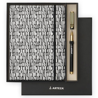 ARTEZA Notizbuch Geschenk Set, 15,2 x 20,3 cm, 96-Blatt- Hardcover doppelseitig liniert, Tagebuchhalter und 1 schwarzer Tintenstift, Schwarz-Weiß-Design, für Absolventen, Studenten und Lehrer