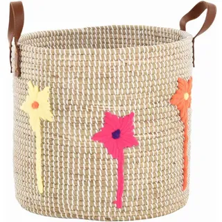 Krines Home Flechtkorb Handgearbeiteter Seegras Dekokorb mit Blumenmuster zur Aufbewahrung (1 St., und 2 Stück), Flechtkorb Korb Natur Rund mit weißen Wicklungen beige
