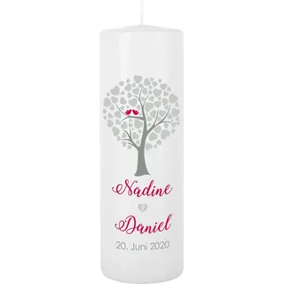 Herz & Heim® Moderne Hochzeitskerze mit Gratis Aufdruck der Namen und Datum 250/80mm Brenndauer ca. 120 h Herzen Lebensbaum