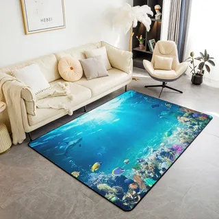 Loussiesd Kinder Ozean Wohnzimmer Teppiche Marine Leben Meer Dekor Teppich Unterwasser Kreaturen Dekor Akzent Teppich Ozean Natur Thema Indoor Bodenmatte Zimmer Dekor Moderne Teppich 150x200 cm