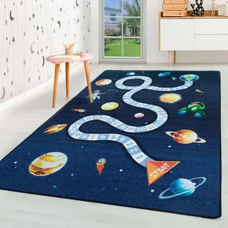 HomebyHome Kurzflor Kinderteppich für Jungen und Mädchen 120 x 170 cm Marineblau Planet Design - Waschbarer Teppich Extra Weich und Antiallergen - Teppich für Kinderzimmer, Babyzimmer und Spielzimmer