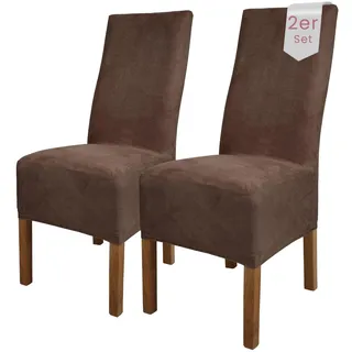 Scheffler Home Stuhlhussen Braun Velours 2er Set Leon – Waschbare elastische Stuhlbezüge für Esszimmerstühle, Hochlehner und Polsterstühle – Stretch Husse, Oeko-TEX Zertifiziert