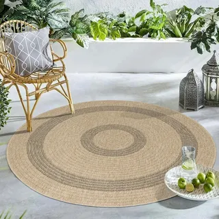 Carpetsale24 Runder Outdoor Teppich Natur Farbe Wetterfest Terrasse Balkon Küchenteppich, Natur-1, 160 cm Rund