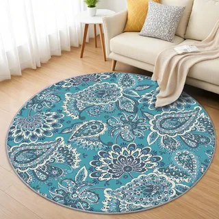 AevuCub Paisley Teppich Rund 120cm Kurzflor - Waschbare Teppiche Wohnzimmer Türkis - Runder Teppich 120 Durchmesser Kinderzimmer - Bettvorleger Schlafzimmer rutschfest Weich