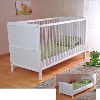 Marsell Babybett Kinderbett 120x60 mit Matratze, Lattenrost Gitterbett aus Holz 2 in 1, Weiß, Natürliche Beißschienen zum Schutz - Weiß