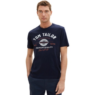 TOM TAILOR Herren T-Shirt mit Logo-Print aus Baumwolle, sky captain blue, S