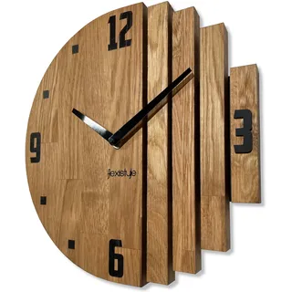 FLEXISTYLE Wanduhr modern Holz Eiche asymmetrisch 30cm lautlos ohne Tickgeräusche Designer Wanddekoration Wohnzimmer Küche Badezimmer Elegante wall Clock minimalistisch 30cm