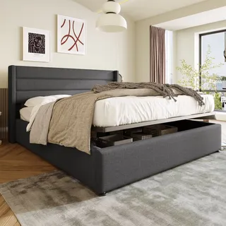 Flieks Polsterbett 180x200cm, Boxspringbett Doppelbett mit Stauraum und Lattenrost, Hydraulisches Stauraumbett Jugendbett Funktionsbett, Leinen, Grau - Grau