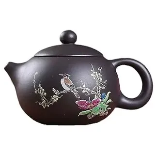 Handgefertigte Keramik Kung Fu Teekanne, (170 ml), chinesische Zisha klassische Teekanne mit Blumen- und Vogelmuster, Yixing lila Ton Teegeschirr Dekoration Tee-Set (XS-Schwarz)
