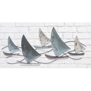 ETC dekorative Wanddeko maritimes Wandobjekt aus Metall Motiv Segelboote grau-weiß-blau shabby Optik