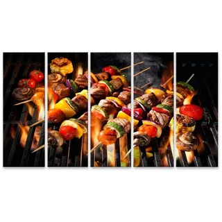 islandburner Leinwandbild Bild auf Leinwand Fleischspieße Gemüse Flammender Grill Grillspieße Wa