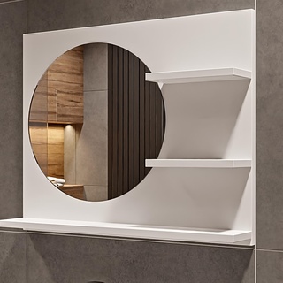HAJDUK FURNITURE Badspiegel mit Ablage Weiß - 60 cm x 50 cm cm - Spiegel Links - Badezimmerspiegel - Bad Spiegel Rund - Wandspiegel - Spiegelschrank - Spiegel Durchmesser: 40 cm