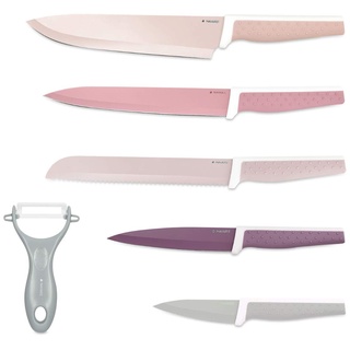 Navaris Messer Set 6-teilig inkl. Schäler - 5X Edelstahl Küchenmesser und 1x Keramik Gemüseschäler - Fleischmesser Brotmesser - Messerset bunt