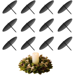 LongZYU 12 Stück 6cm Kerzenhalter für Adventskranz Schwarz Adventskerzenhalter Metall Kerzenständer Set Kerzenteller zum Stecken für DIY Kranz Advent Weihnachten Tischdeko