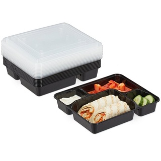 relaxdays Lunchbox 10er Set Meal Prep Boxen 4 Fächer, Kunststoff schwarz