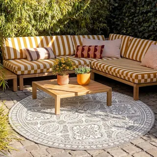 FRAAI | Home & Living In- & Outdoor Teppich Rund - Summer Oriental Hellgrau - Wetterfest - Polypropylen - Ø 160 cm - Balkon, Garten/Terrasse - Terrasse Teppich - Outdoor Rug