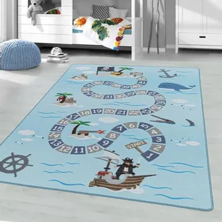 TapisTrend Kinderteppich Blau 160x230 cm Kurzfloriger mit maritimen Piratenmotiven - Blau