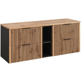 Lomadox Badezimmer Waschtisch Unterschränke Waschbeckenunterschränke 140,6x59,2x46,5 cm mit Regal anthrazit mit Eiche Nb. schwarz gerillt, b/h/t: ca. 140,6/59,2/46,5 cm