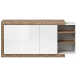 Lomadox Sideboard SYLT-83, Samdal Eiche Nb. mit Absetzungen in weiß Hochglanz 180/85,7/40 cm braun|weiß