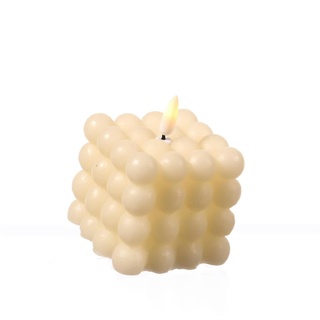 LED Kerze Bubble Würfel Cube Kerze Echtwachs 3D Flamme H: 9,5cm Timer creme