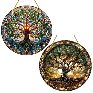 2 Stück Acryl Fensterdeko Hängend, Lebensbaum Sonnenfänger Fenster, Baum des Lebens Deko, Fensterschmuck Hängend Ganzjährig, Deko Fenster Modern, für Wohnzimmer Garten Fensterscheibe Terrasse Wanddeko