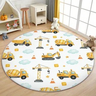 AevuCub Baustelle Kinder Teppich Rund 120cm Kurzflor - Waschbare Teppiche Wohnzimmer Jungen Bagger LKW Fahrzeuge - Runder Teppich 120 Durchmesser Kinderzimmer - Bettvorleger Schlafzimmer rutschfest