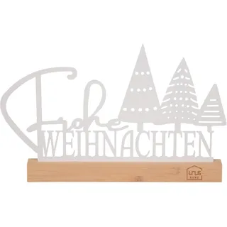 UNUS Aufsteller Frohe Weihnachten mit Tannenbäumen Weihnachtsdeko | aus Metall mit Bambusfuß, 30x19,5 cm in Schwarz oder Weiß, für Tisch, Regal oder Fensterbank