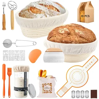 Orifesio Sauerteig Starter Set, 18-Teiliges Gärkorb Brot Set, Gärkörbchen Oval und Rund, 650ml Sauerteig Glas, Brot Backen Zubehör, Sourdough Starter Kit für Anfänger und Erfahrene Bäcker