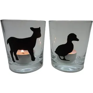 2er Set Teelicht Glas Windlicht print "Küken/Lamm" schwarz Ostern Handmade