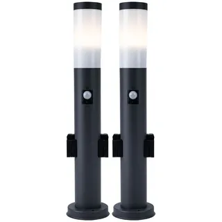Wegleuchte Außen mit Bewegungsmelder 2x Steckdose Sockelleuchte Gartenleuchte, 1x E27, Edelstahl Anthrazit, IP44, H 60cm, 2er Set