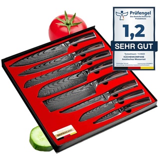 Küchenkompane - asiatisches Edelstahl Messerset Premium - 8-teiliges Küchenmesser Set - Kochmesser mit ergonomischem Pakkaholzgriff inkl. Geschenkbox - rostfreie & scharfe Messer - Designed in Germany