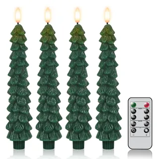Eldnacele LED Stabkerzen Grün in Weihnachtsbaumform mit Timer, 4er Set | Stabkerzen Weihnachten, Kerzen Weihnachtsbaum, LED Stabkerzen Grün, Fernbedienung, flackernde 3D-Flamme, Echtwachskerzen