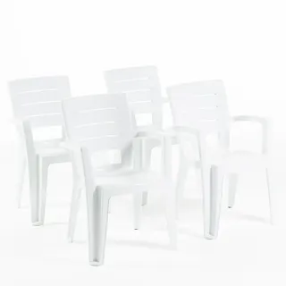 RATTATAN Set aus 4 einteiligen Stühlen aus Polypropylen mit Glasfaser, Holzoptik, stapelbar für Außen- und Gartenbereich, Bar und Restaurant – Anita – Weiß