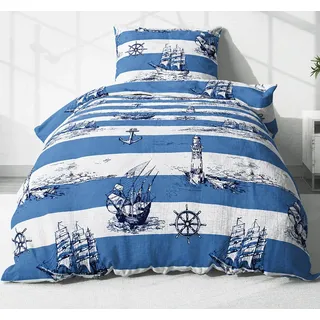 Heubergshop Bettwäsche, Seersucker, 2 teilig, 155x220cm + 80x80cm Leuchtturm Maritime Anker 100% Baumwolle (736-2) blau