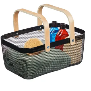 Relaxdays Drahtkorb, Schwarz, Metall, Holz, 43x17.5x27 cm, Ordnen & Aufbewahren, Aufbewahrungsboxen